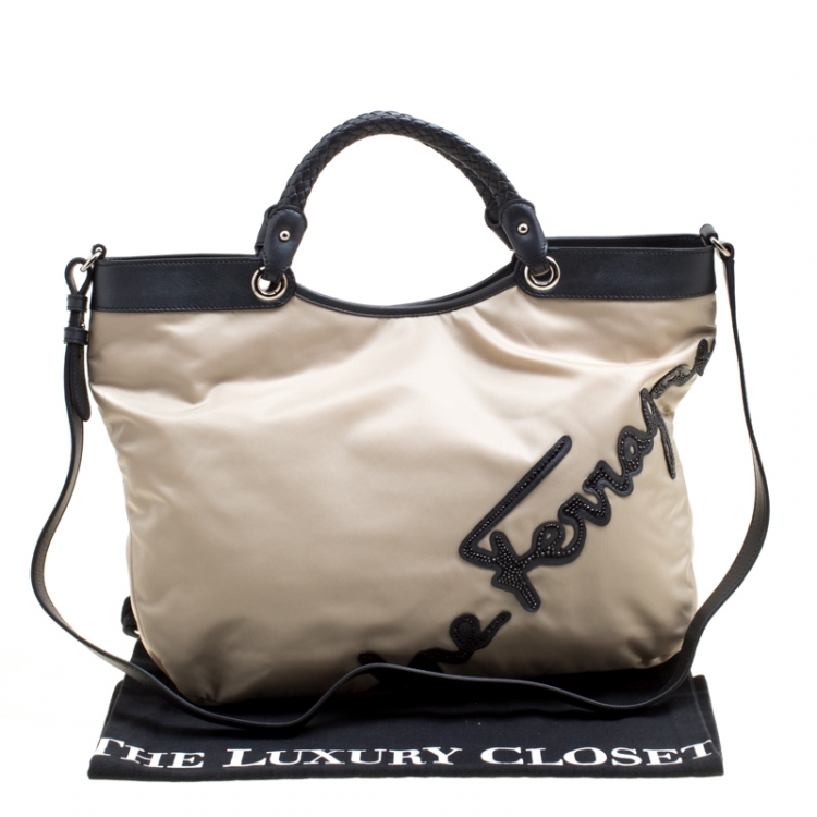 Pre Owned Salvatore Ferragamo Beige Nylon Top Handle Bag