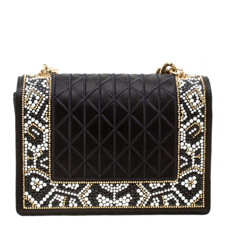 Pre Owned Salvatore Ferragamo Black Satin Studded Ginny Top Handle Shoulder Bag
