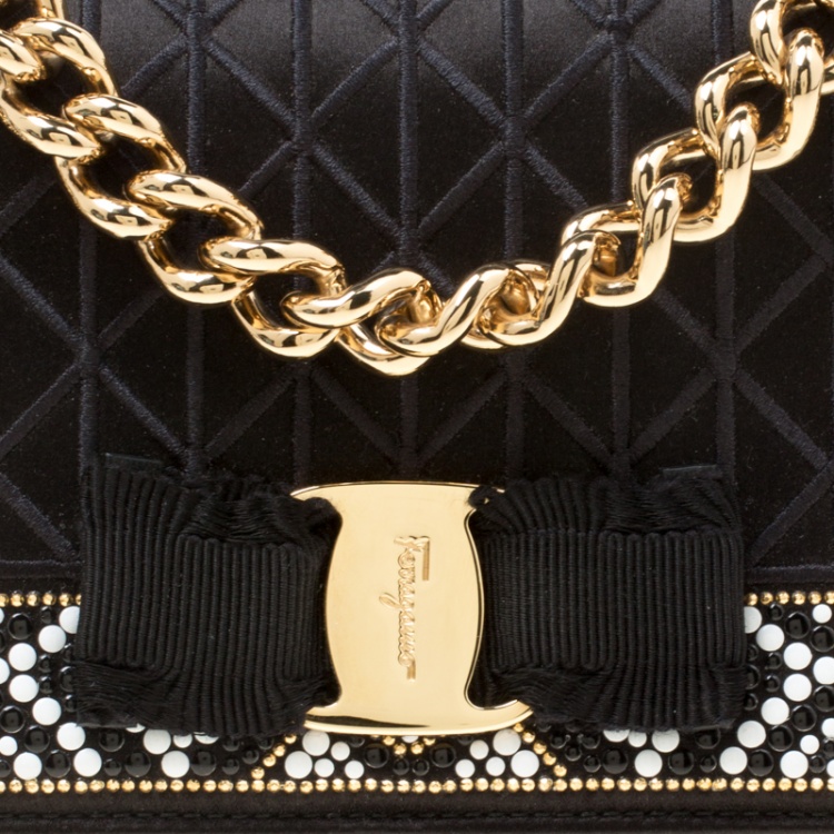 Pre Owned Salvatore Ferragamo Black Satin Studded Ginny Top Handle Shoulder Bag