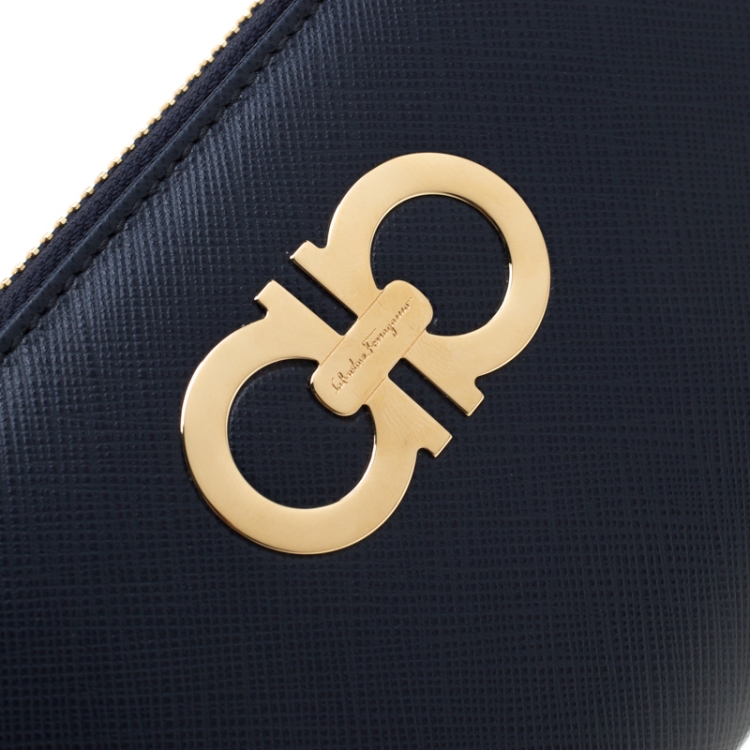 مملوكة مسبقًا Salvatore Ferragamo Blue Indie Kid Leather Double Gancio Zip Around Wallet