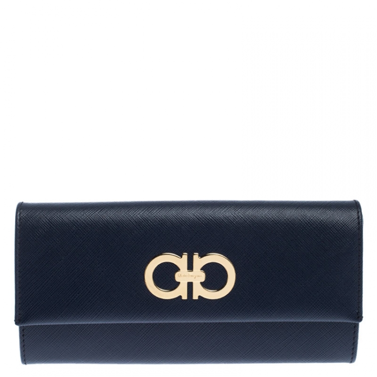 Pre Owned Salvatore Ferragamo Oxford Blue Leather Gancini Continental Wallet