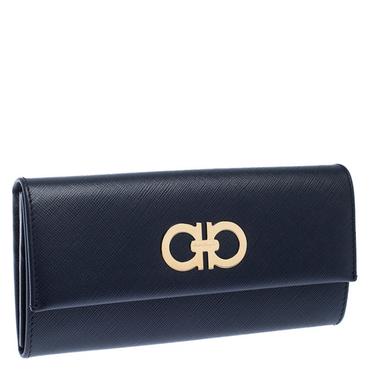 Pre Owned Salvatore Ferragamo Oxford Blue Leather Gancini Continental Wallet
