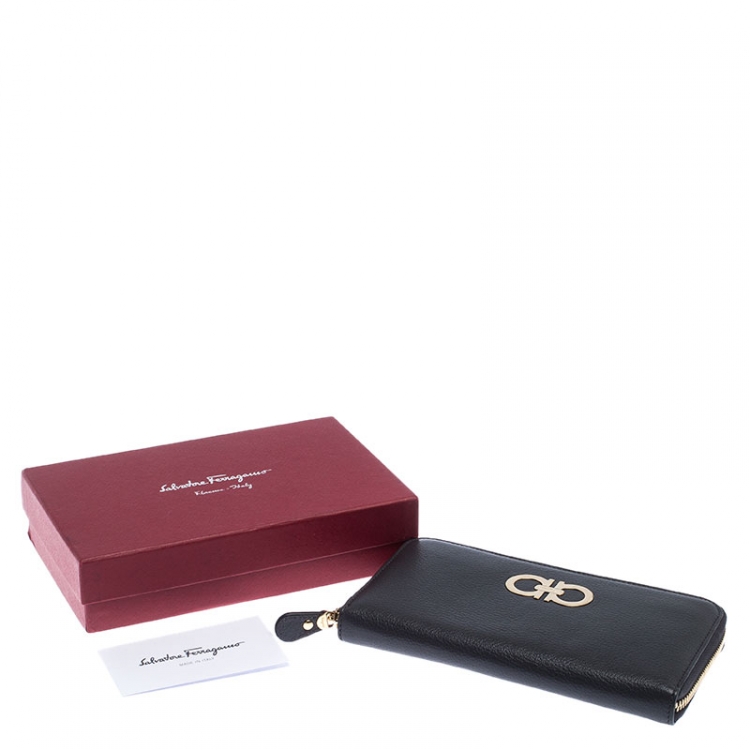 Pre Owned Salvatore Ferragamo Dark Grey Leather Gancini Zip Around Wallet