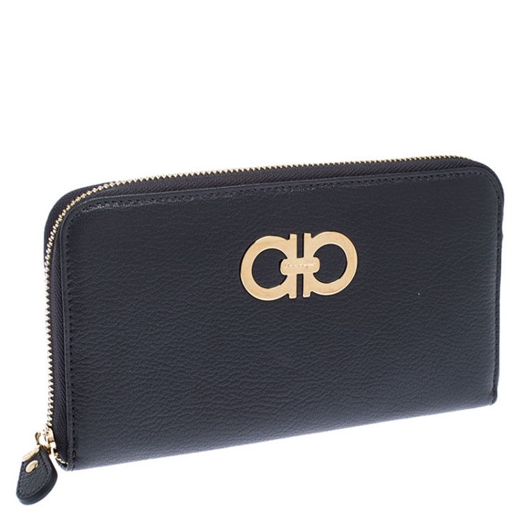 Pre Owned Salvatore Ferragamo Dark Grey Leather Gancini Zip Around Wallet