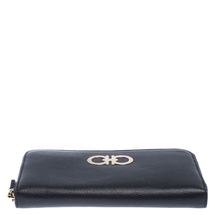 Pre Owned Salvatore Ferragamo Dark Grey Leather Gancini Zip Around Wallet