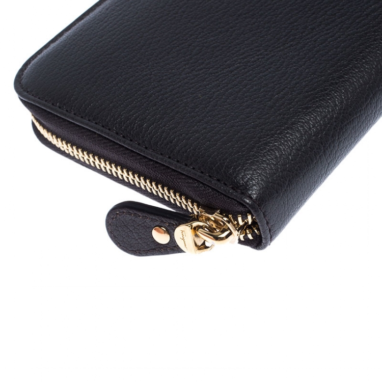 Pre Owned Salvatore Ferragamo Dark Grey Leather Gancini Zip Around Wallet