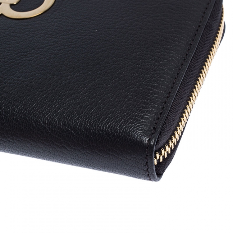 Pre Owned Salvatore Ferragamo Dark Grey Leather Gancini Zip Around Wallet