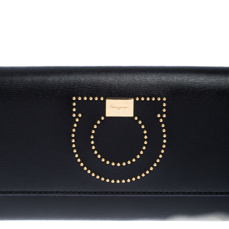 Pre Owned Salvatore Ferragamo Black Leather Gancini Flap Wallet