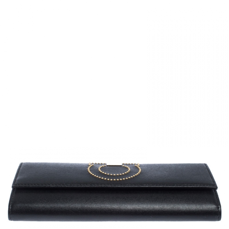 Pre Owned Salvatore Ferragamo Black Leather Gancini Flap Wallet