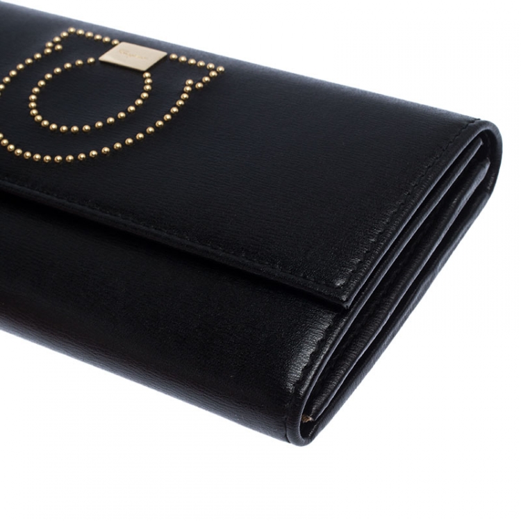 Pre Owned Salvatore Ferragamo Black Leather Gancini Flap Wallet