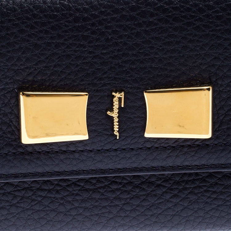 Pre Owned Salvatore Ferragamo Navy Blue Leather Flap Wallet