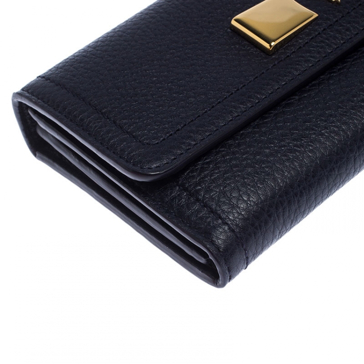 Pre Owned Salvatore Ferragamo Navy Blue Leather Flap Wallet