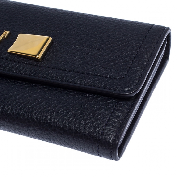Pre Owned Salvatore Ferragamo Navy Blue Leather Flap Wallet