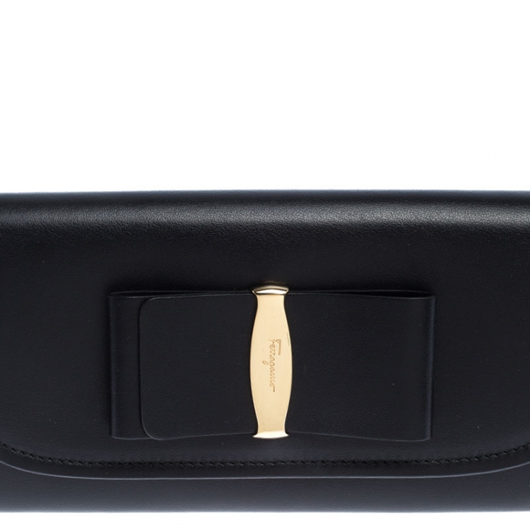 Pre Owned Salvatore Ferragamo Black Leather Bow Flap Wallet