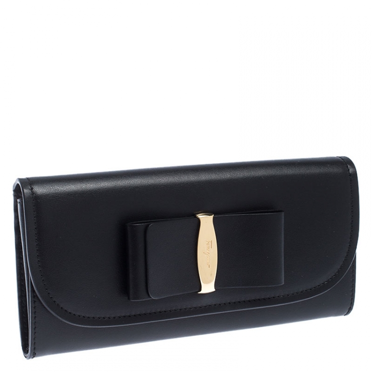 Pre Owned Salvatore Ferragamo Black Leather Bow Flap Wallet