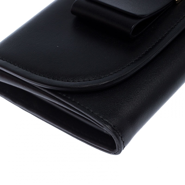 Pre Owned Salvatore Ferragamo Black Leather Bow Flap Wallet