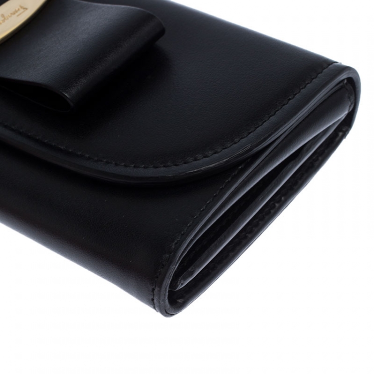 Pre Owned Salvatore Ferragamo Black Leather Bow Flap Wallet