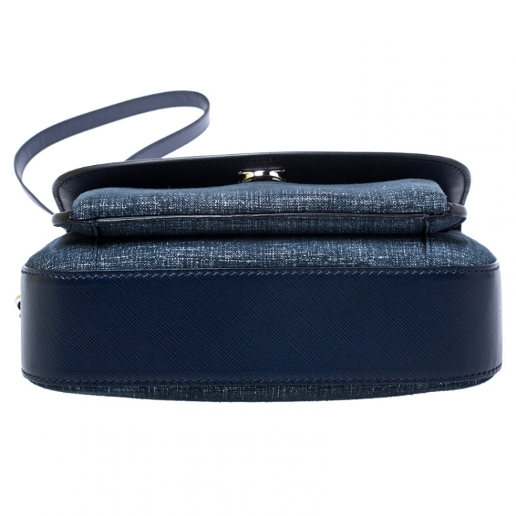 Pre Owned Salvatore Ferragamo Blue Leather and Fabric Gancini Crossbody Bag