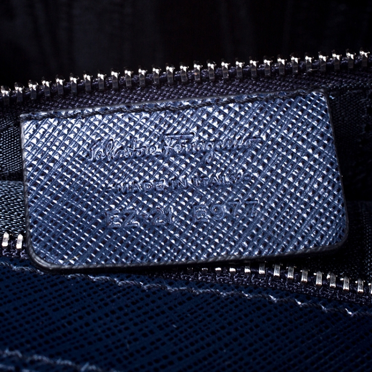 Pre Owned Salvatore Ferragamo Blue Leather and Fabric Gancini Crossbody Bag