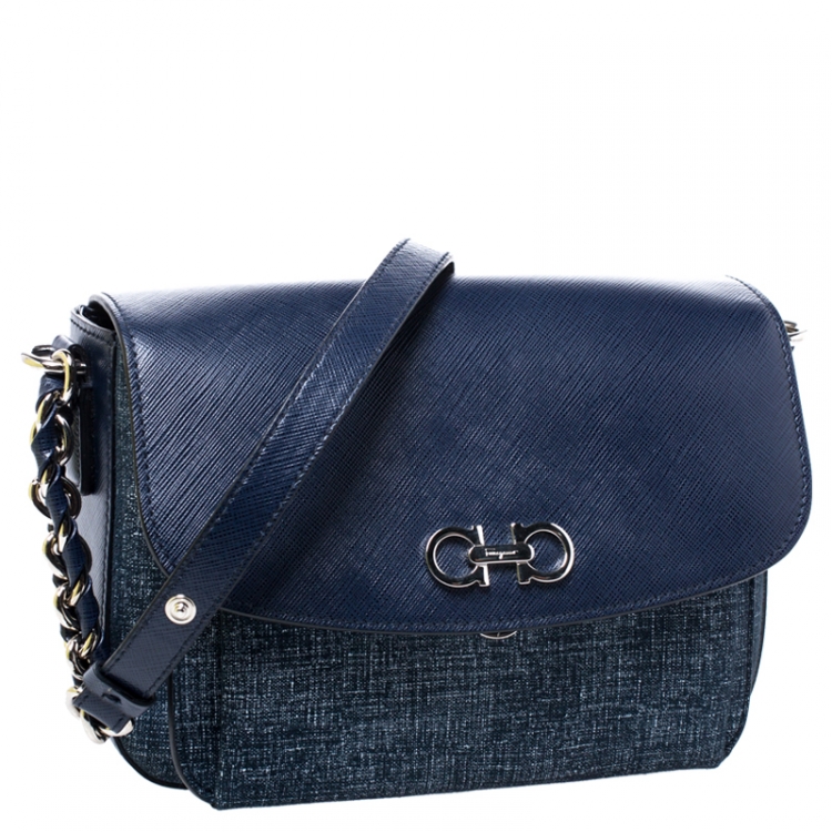Pre Owned Salvatore Ferragamo Blue Leather and Fabric Gancini Crossbody Bag