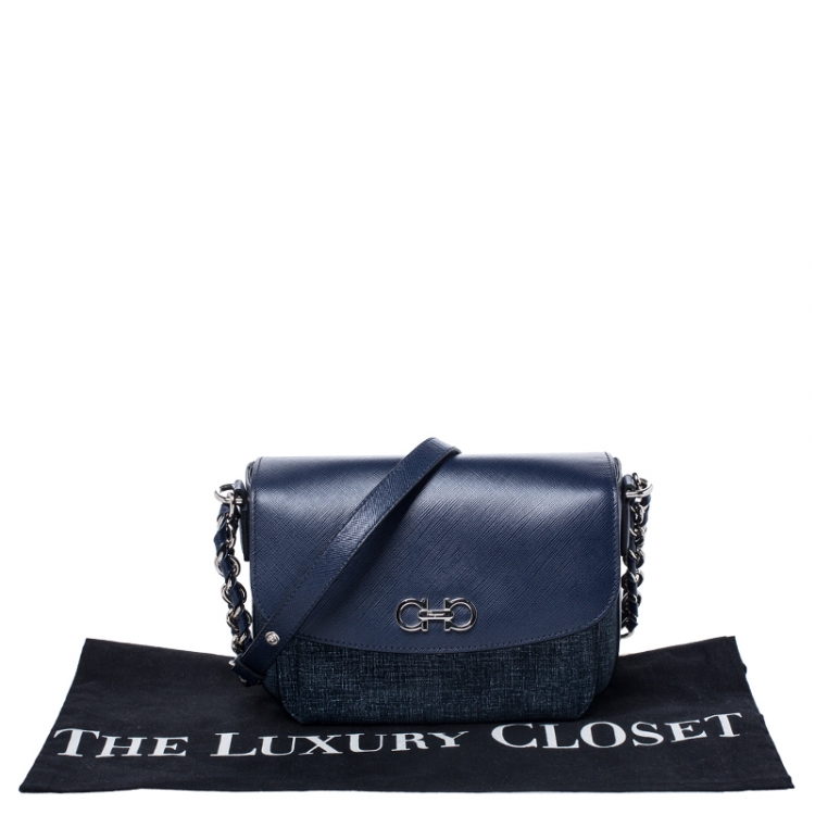 Pre Owned Salvatore Ferragamo Blue Leather and Fabric Gancini Crossbody Bag