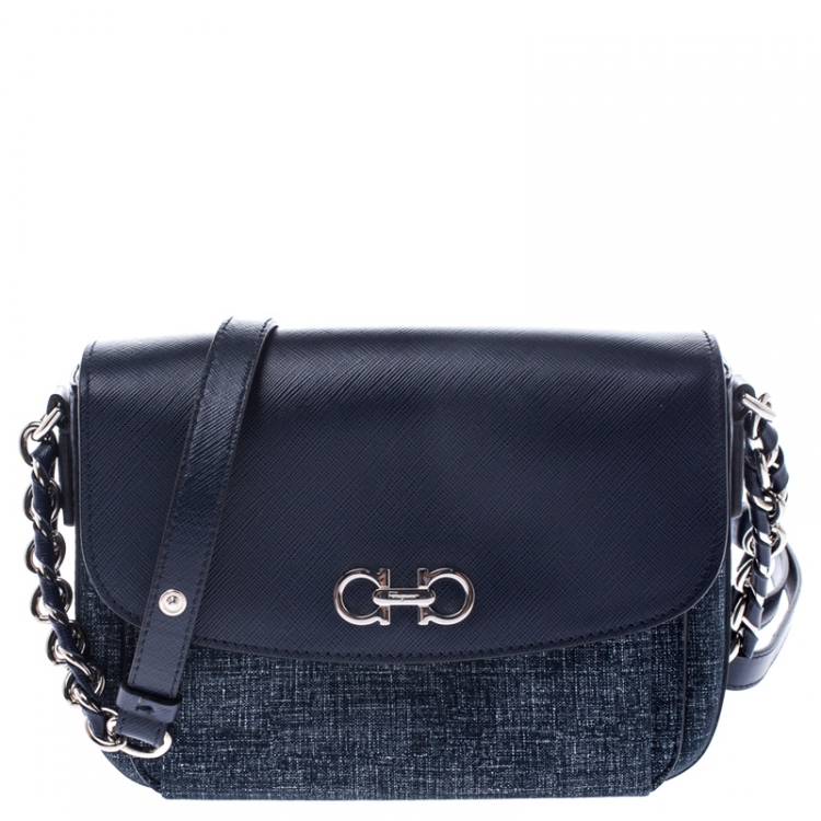 Pre Owned Salvatore Ferragamo Blue Leather and Fabric Gancini Crossbody Bag