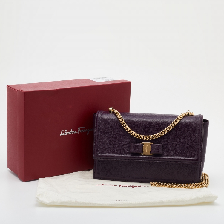 Pre Owned Salvatore Ferragamo Purple Leather Vara Bow Chain Shoulder Bag