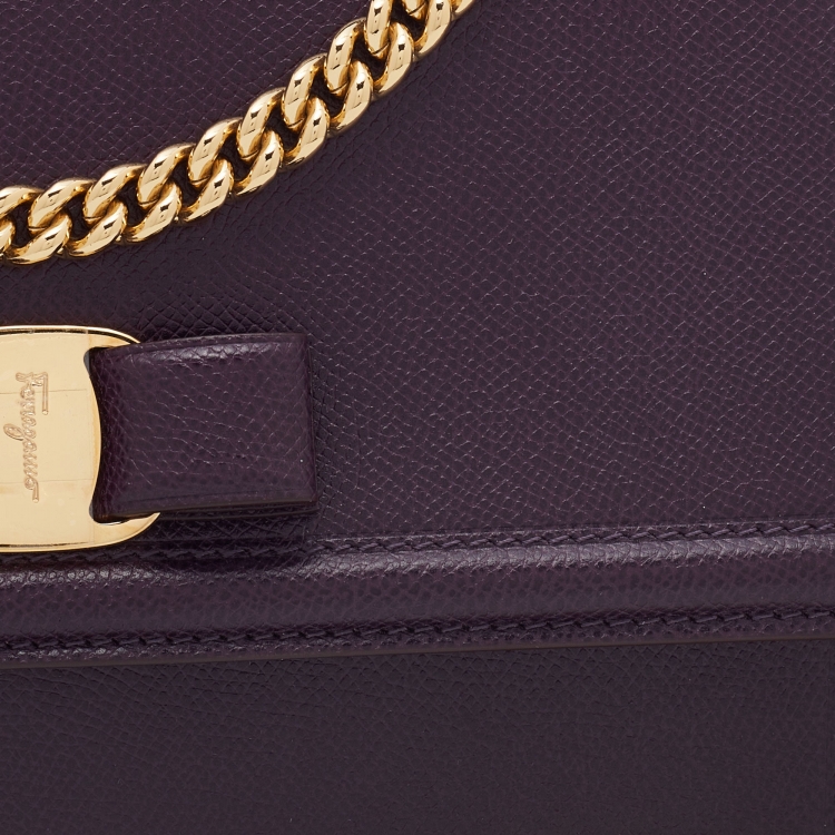 Pre Owned Salvatore Ferragamo Purple Leather Vara Bow Chain Shoulder Bag