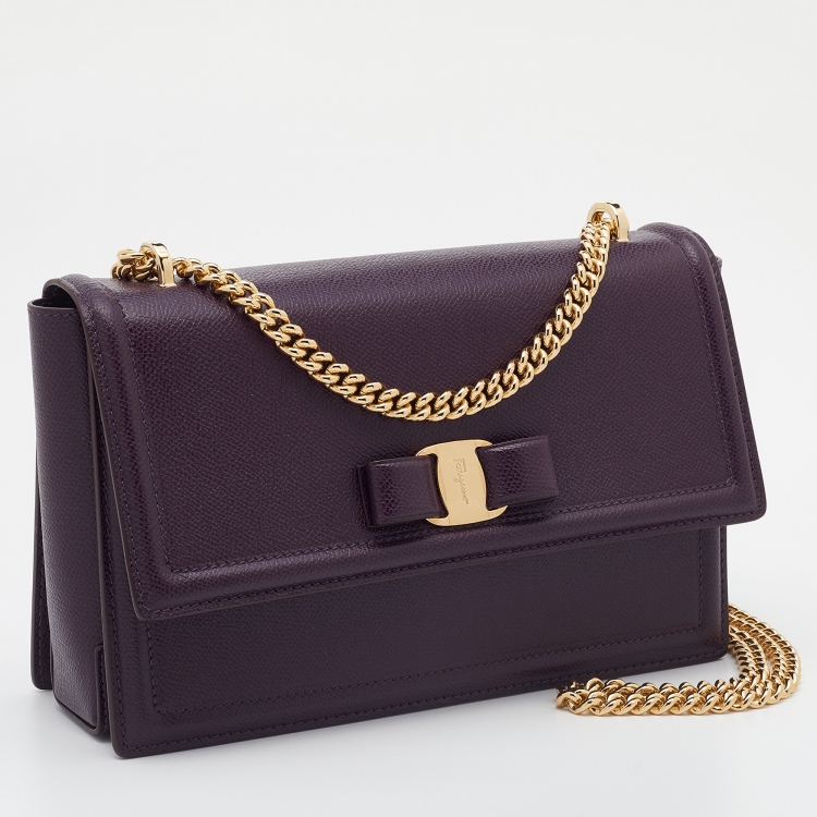 Pre Owned Salvatore Ferragamo Purple Leather Vara Bow Chain Shoulder Bag
