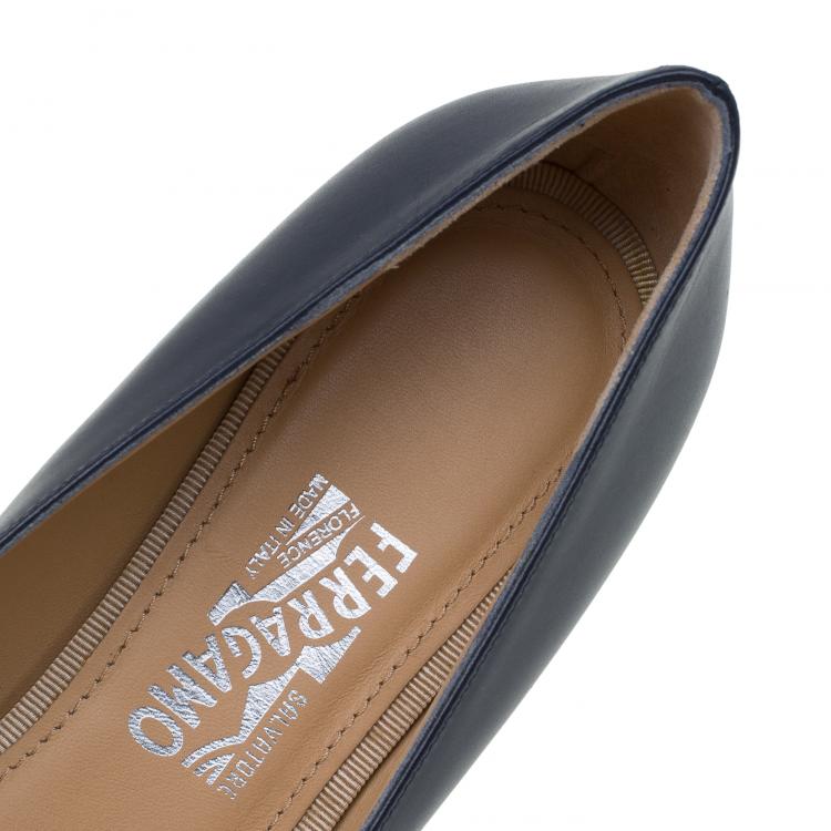 Pre Owned Salvatore Ferragamo Blue Leather Ninna Kangaroo Bow Ballet Flats Size 40.5