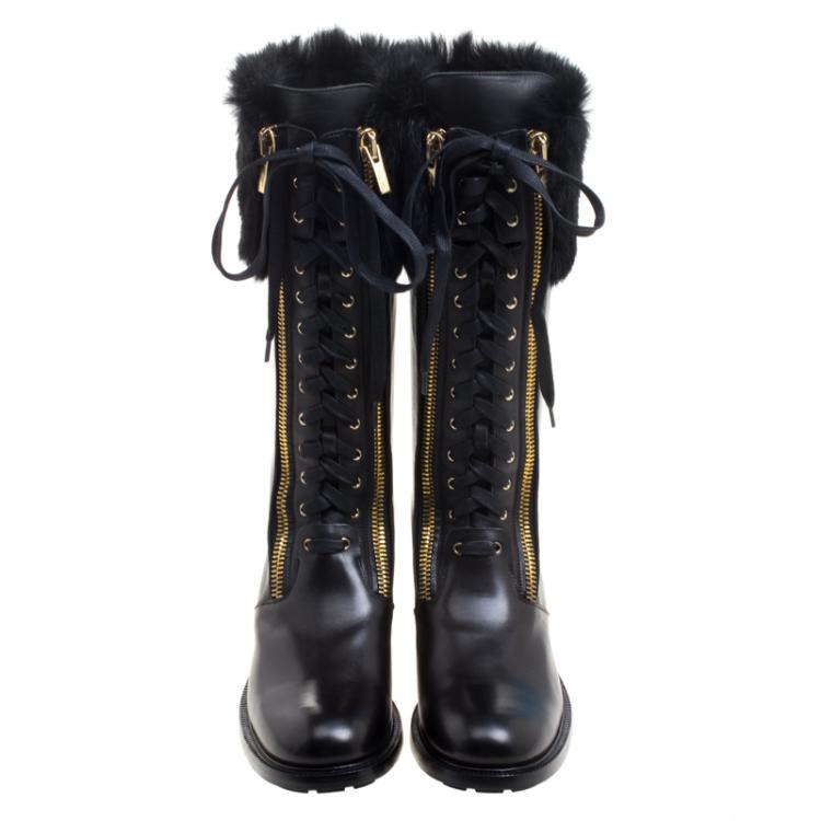 Pre Owned Salvatore Ferragamo Black Leather And Fur Trim Lapo Tall Combat Boots Size 39.5