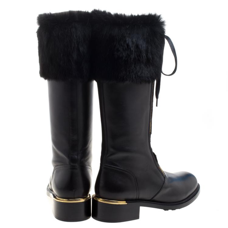 Pre Owned Salvatore Ferragamo Black Leather And Fur Trim Lapo Tall Combat Boots Size 39.5