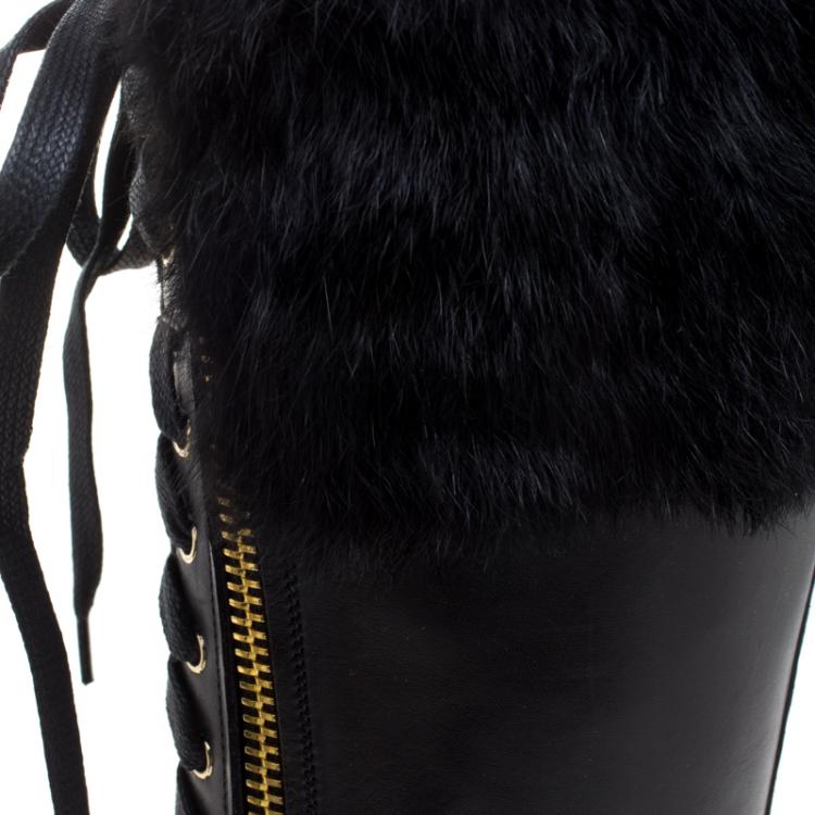 Pre Owned Salvatore Ferragamo Black Leather And Fur Trim Lapo Tall Combat Boots Size 39.5