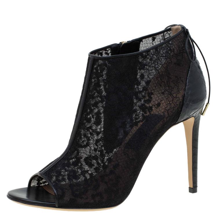 Pre Owned Salvatore Ferragamo Black Python Lace Nufus Peep Toe Ankle Boots Size 39.5