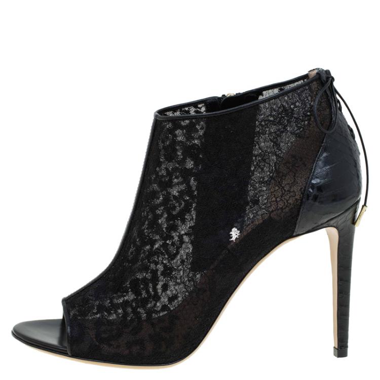 Pre Owned Salvatore Ferragamo Black Python Lace Nufus Peep Toe Ankle Boots Size 39.5