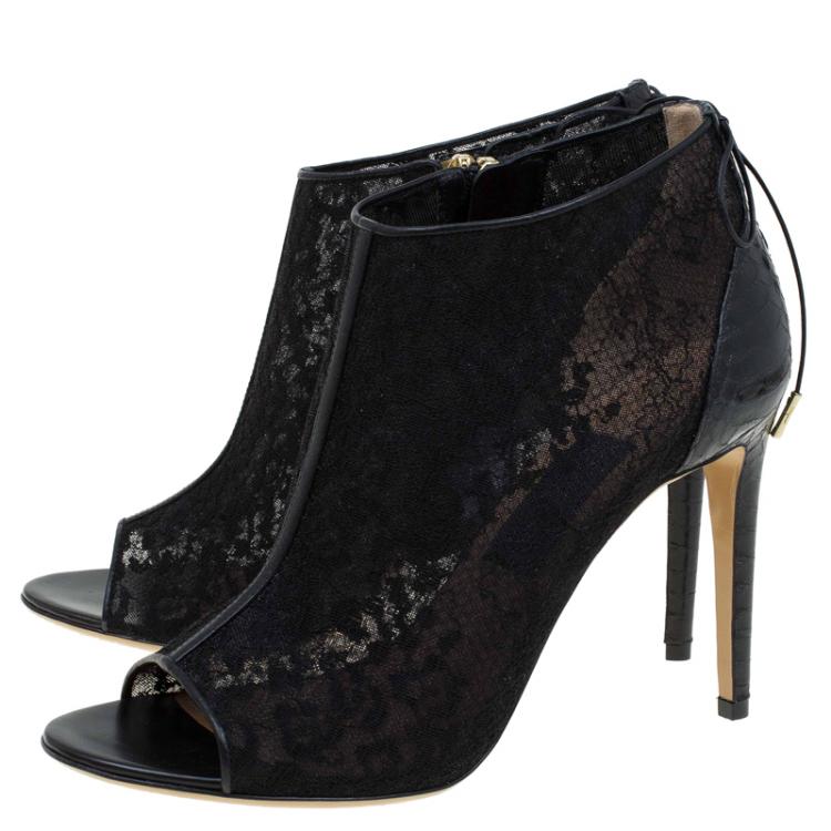Pre Owned Salvatore Ferragamo Black Python Lace Nufus Peep Toe Ankle Boots Size 39.5