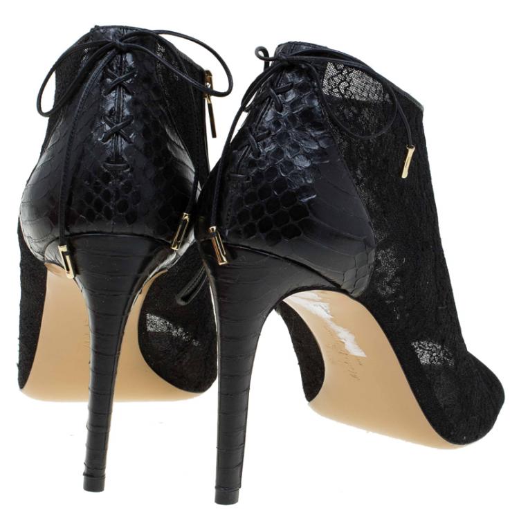 Pre Owned Salvatore Ferragamo Black Python Lace Nufus Peep Toe Ankle Boots Size 39.5