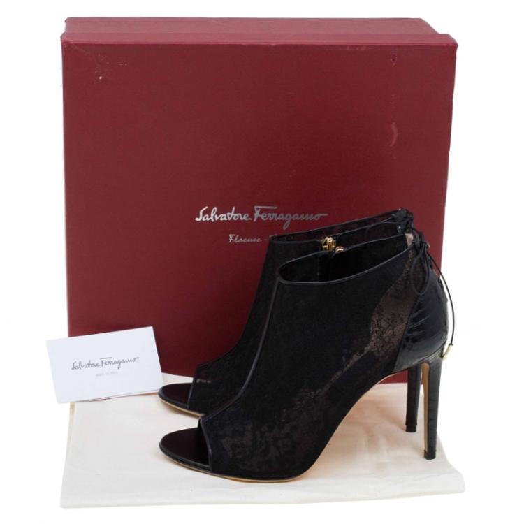 Pre Owned Salvatore Ferragamo Black Python Lace Nufus Peep Toe Ankle Boots Size 39.5