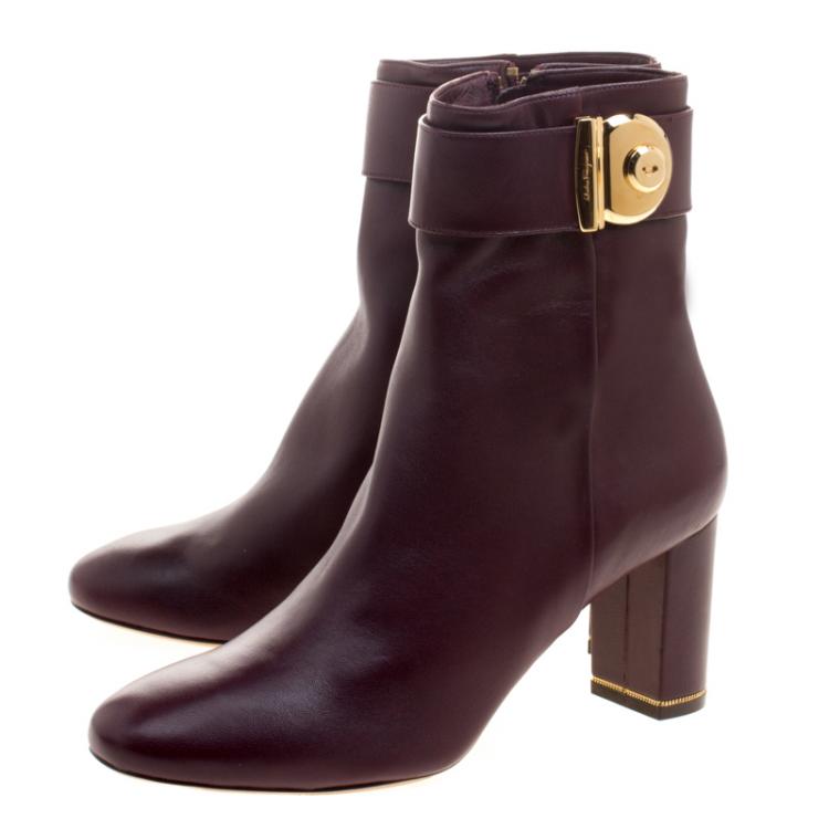Pre Owned Salvatore Ferragamo Burgundy Leather Fiamma Ankle Boots Size 40