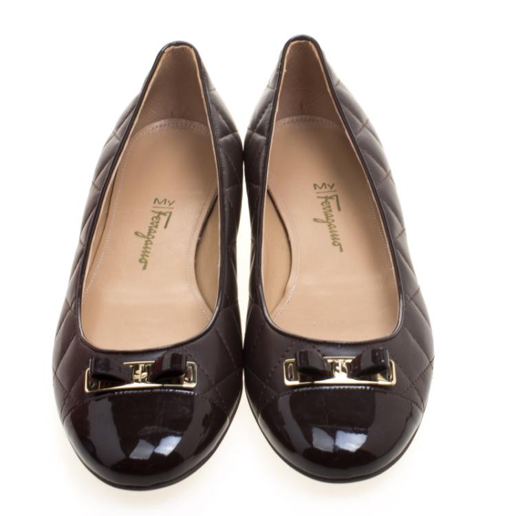 Pre Owned Salvatore Ferragamo Chocolate Brown Quilted Leather Bow Ballet Flats Size 40.5