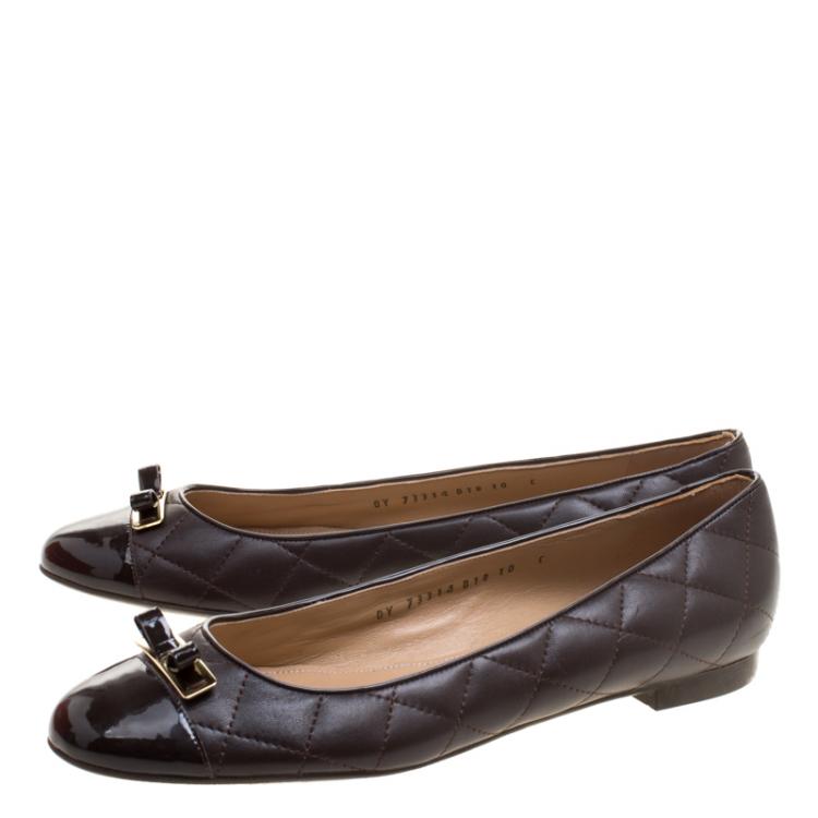 Pre Owned Salvatore Ferragamo Chocolate Brown Quilted Leather Bow Ballet Flats Size 40.5