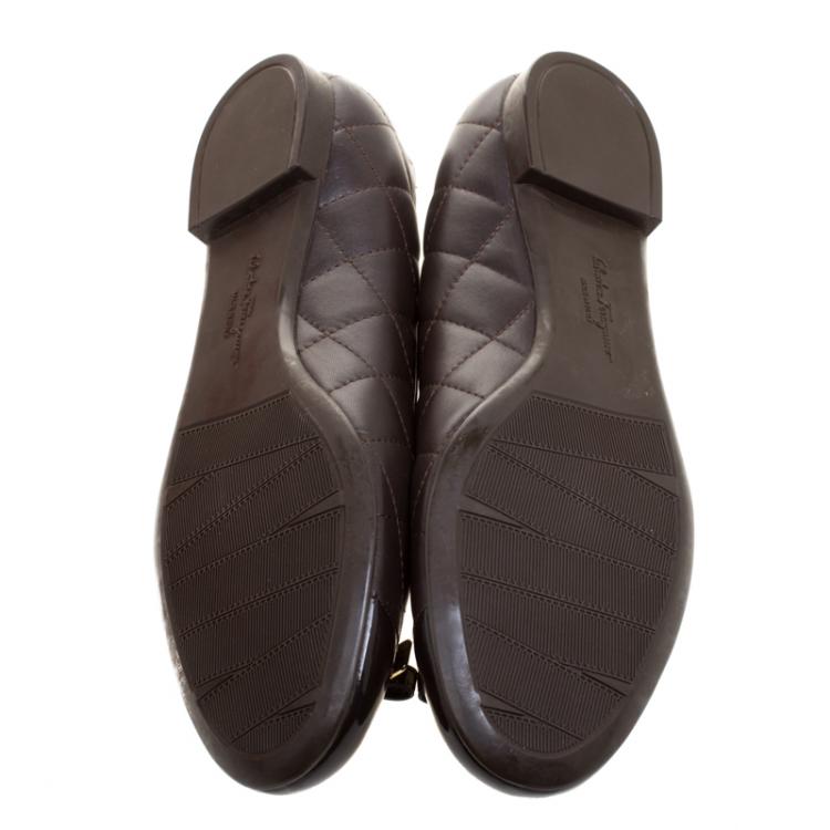 Pre Owned Salvatore Ferragamo Chocolate Brown Quilted Leather Bow Ballet Flats Size 40.5