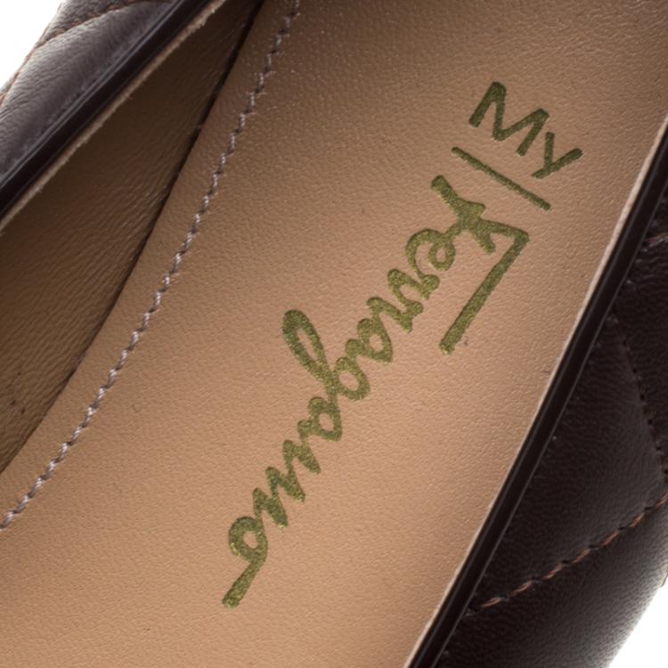 Pre Owned Salvatore Ferragamo Chocolate Brown Quilted Leather Bow Ballet Flats Size 40.5