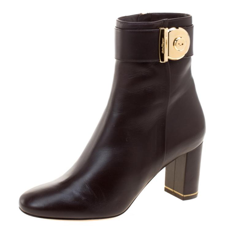 Pre Owned Salvatore Ferragamo Chocolate Brown Leather Fiamma Ankle Boots Size 39