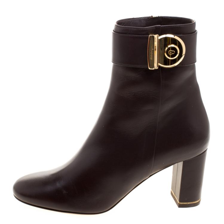 Pre Owned Salvatore Ferragamo Chocolate Brown Leather Fiamma Ankle Boots Size 39
