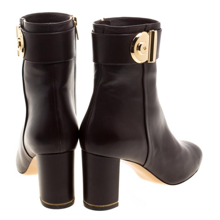 Pre Owned Salvatore Ferragamo Chocolate Brown Leather Fiamma Ankle Boots Size 39