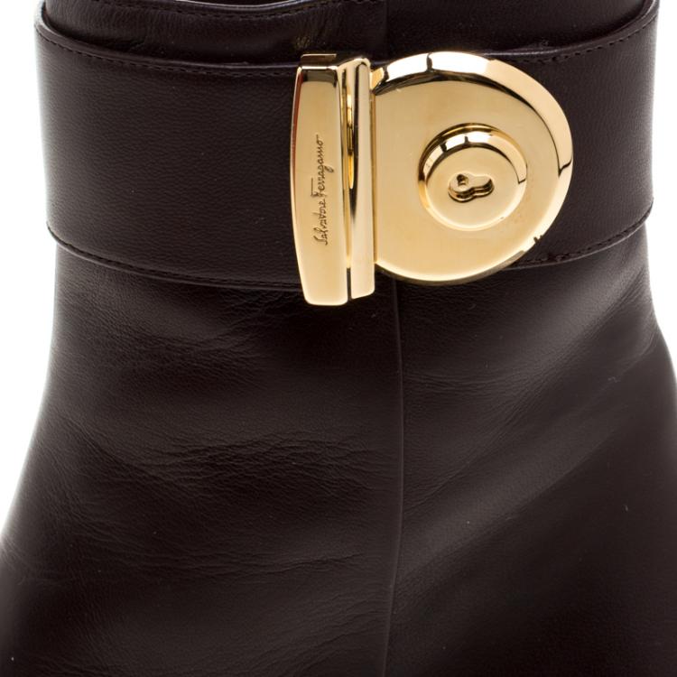 Pre Owned Salvatore Ferragamo Chocolate Brown Leather Fiamma Ankle Boots Size 39