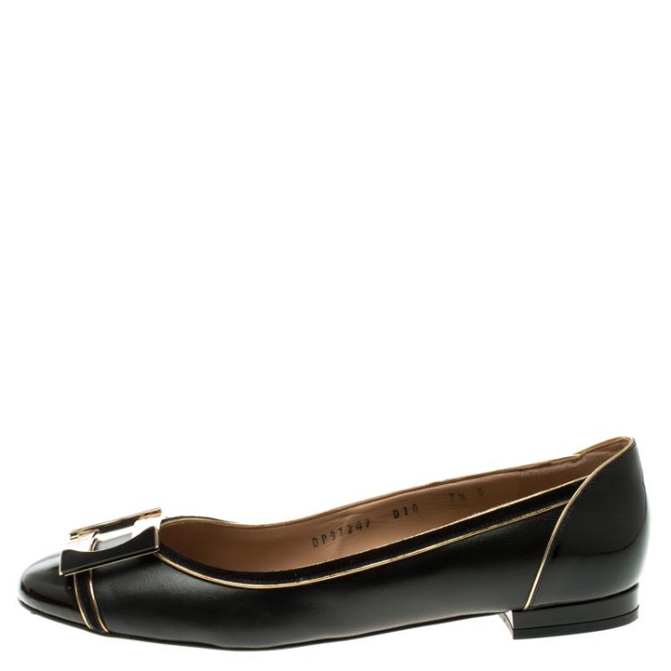 Pre Owned Salvatore Ferragamo Black Leather and Suede Missy Ballet Flats Size 38