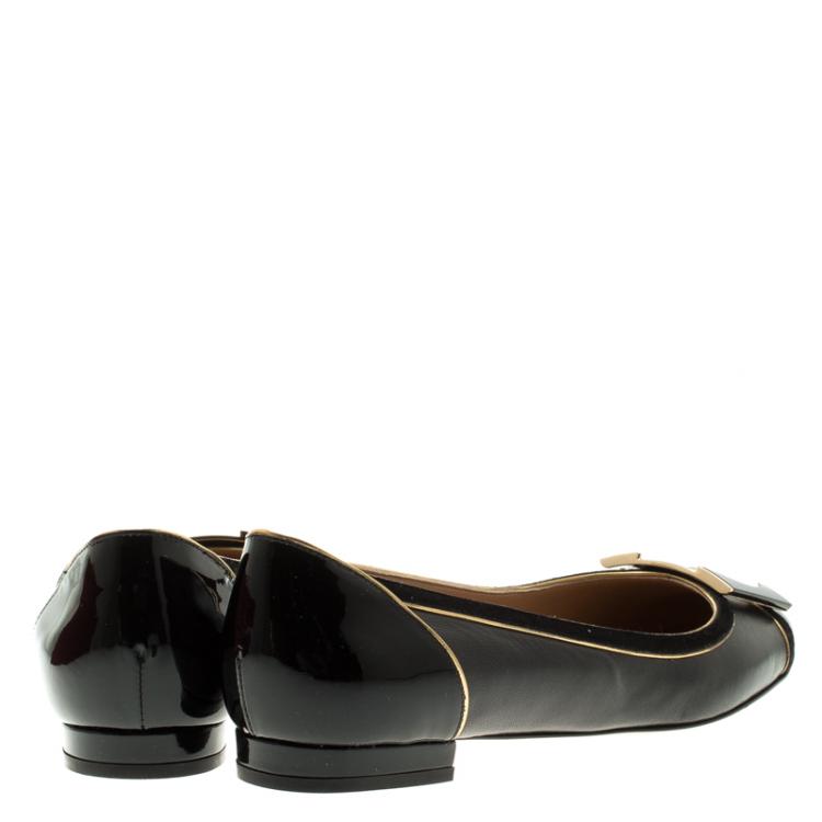 Pre Owned Salvatore Ferragamo Black Leather and Suede Missy Ballet Flats Size 38