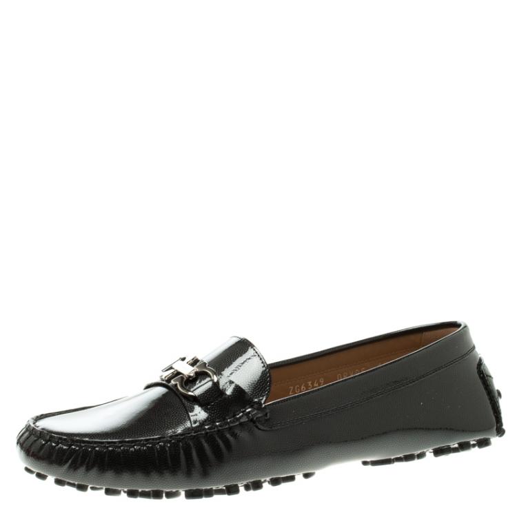 Pre Owned Salvatore Ferragamo Black Patent Pebbled Leather Saba Loafers Size 41